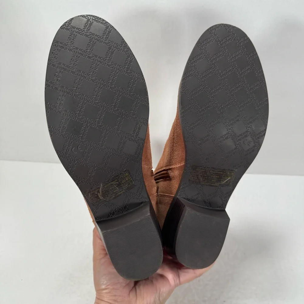 Vionic Roseland Toffee Brown Suede Heeled Ankle Booties Comfort Shoes Women 10